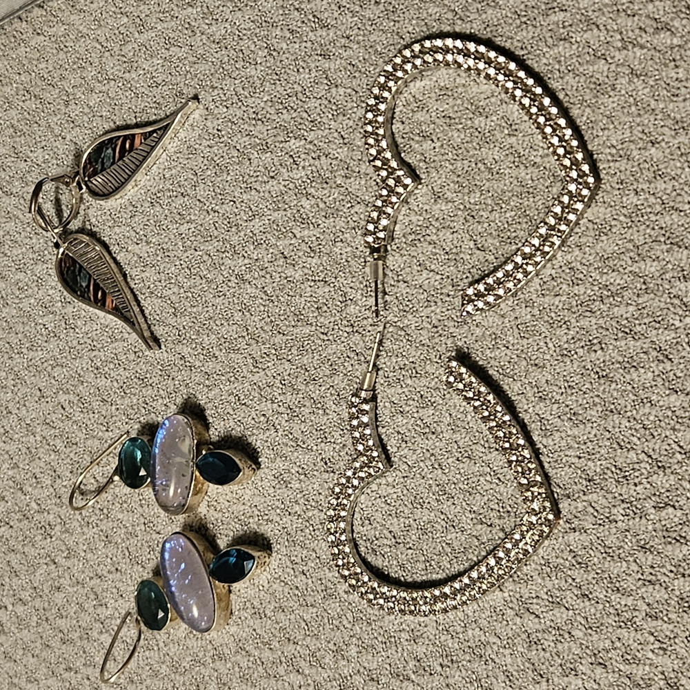 3 Pair Of Silver Earrings With CZ and Bluish Stones